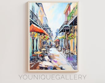May include: A colorful painting of a narrow street in New Orleans, Louisiana. The street is lined with buildings with balconies and awnings. There are people sitting at tables outside of cafes. The painting is done in a loose, impressionistic style.
