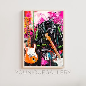 Guitare rock and roll peinture imprimable, impression d'art veste en cuir, décoration de studio de musique urbaine, art mural vibrant en téléchargement numérique