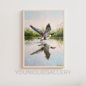 Fliegende Gans Ölgemälde, Kanadagans Wand Kunst zum ausdrucken, Vogel Spiegelung Digitaler Download Poster