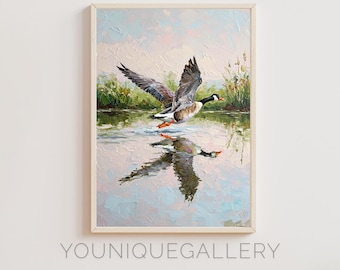 Flying Goose Oil Painting, Canada Goose Wall Art Printable, Bird Reflection Digital Download Poster