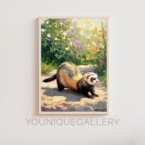 Ferret in Flower Garden Printable Wall Art, Cute Pet Ferret Oil Painting, Rustic Animal Decor Digital Download for Nature Lovers