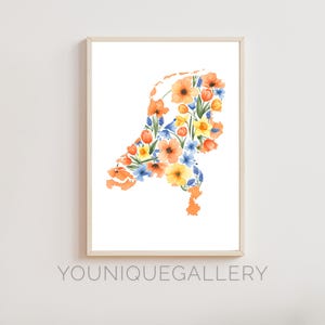Contour floral de carte des Pays-Bas, peinture imprimable, art aquarelle tulipe orange, cadeau décoration hollandaise en téléchargement numérique