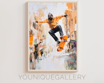 Skateboarding Art Print, Mid-Air Skater Painting Printable, Urban Sport Wall Decor, Modern Digital Art
