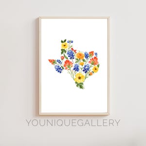 Texas Blumen Karte druckbare Wandkunst, Bluebonnet Kaktus Aquarell Druck Plakat, digitaler Download Lone Star Zustand Dekor TX Geschenk Haus