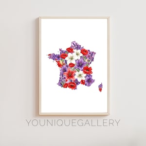 Frankreich, Blumen Karte druckbare Malerei, Aquarell Mohnblume Fleur de Lis Kunst, Französisch Dekor Geschenk, Europa Tricolore digitaler Download