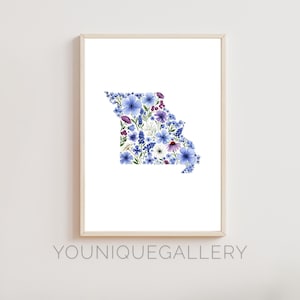 Art mural imprimable carte floral Missouri, fleurs bleues aquarelle impression affiche, téléchargement numérique Show Me State Home Decor Missouri cadeau