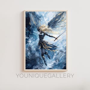 Dynamic Valkyrie Warrior Printable Wall Art, Norse Mythology Digital Download, Blue Gold Painting, Fantasy Gaming Room Poster Print