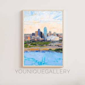 Kansas City Missouri Oil Painting Printable Wall Art, Downtown Skyline Print Digital Download, Urban River Park Poster Modern KC Decor