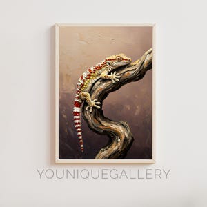 Colorful Gecko Oil Painting Printable Wall Art, Lizard on Branch Digital Download, Reptile Nature Decor for Animal Lovers