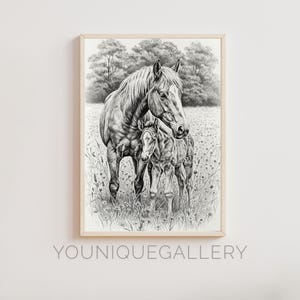 Dibujo a lápiz de yegua y potro para imprimir en la pared, póster con impresión de descarga digital, decoración conmovedora para guardería