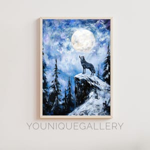 Pintura al óleo imprimible de lobo aullando a la luna / Descarga digital de una noche de invierno serena / Arte de pared azul relajante para la decoración del dormitorio / Póster impreso