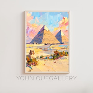 Pyramids of Giza Egypt Painting Wall Art, Egyptian Landmark Poster Print, Ancient Desert Landscape Digital Download, Egypt Decor for Home