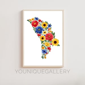 Impresión de pintura con el contorno del mapa de Moldavia, recuerdo de viaje de Moldavia, decoración inspirada en la bandera de Moldavia, regalo imprimible para descargar en Europa.