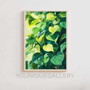 Puede incluir: Una pintura de una planta verde frondosa con hojas verde amarillentas. Las hojas están pintadas en un estilo suelto e impresionista.