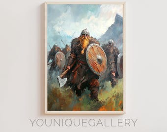 Lámina artística de guerreros vikingos: Escena de batalla nórdica (descarga digital)