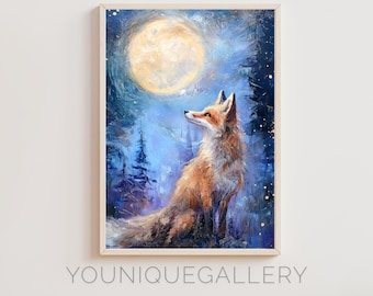 May include: Framed art print depicting a fox looking up at a full moon in a forest setting. The painting uses blues, oranges, and yellows. The text "YOUNIQUEGALLERY" is printed at the bottom of the frame.
