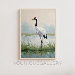 Cuadro imprimible de grulla blanca, arte mural minimalista de naturaleza, descarga digital elegante de vida silvestre, póster de decoración asiática, regalo para amantes de las aves