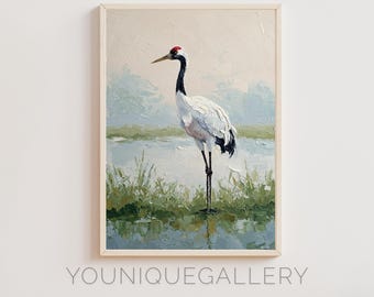 May include: A painting of a white crane with a black head and red crown standing in a pond with green reeds. The background is a soft, hazy blue.