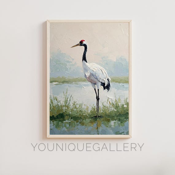 白鶴鳥の絵画：ミニマリストのアジアの壁アート（デジタルダウンロード