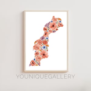 Carte florale du Maroc, peinture imprimable, aquarelle art floral rose marocain, cadeau déco rose rouge, Afrique du Nord téléchargement numérique