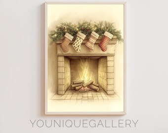 Christmas Fireplace Art Print: Stockings Holiday Mantel Decor (Digital Download)