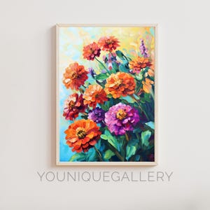 May include: A painting of a bouquet of orange, pink, and yellow zinnias with green leaves against a light blue and yellow background.