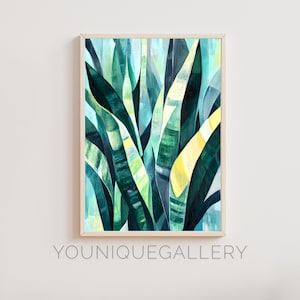 Peut inclure: Peinture abstraite d'un groupe de feuilles vertes et jaunes. Les feuilles sont peintes de manière stylisée, avec des lignes et des formes audacieuses. La peinture a un style moderne et minimaliste.