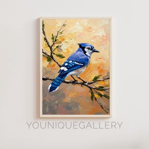 Blue Eichelhäher druckbare Malerei, bunte Vogel Wandkunst, digitaler Download Vogel Dekor, Herbst Zweig Natur-Druck, strukturierten Impasto Stil