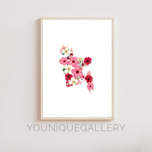 Pintura imprimible con mapa floral de Bangladesh, arte de hibisco shapla en acuarela, regalo de decoración bengalí, descarga digital del sur de Asia