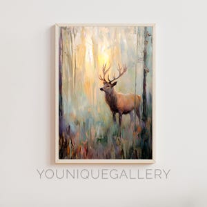 Druckbare Hirsch Wald Öl Gemälde Wand Kunst Dekor, digitaler Download Poster, heitere Wohnkultur