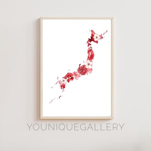 Carte du Japon aquarelle, peinture imprimable, art Kiku fleurs de cerisier Sakura, décoration japonaise rouge rose, téléchargement minimaliste zen