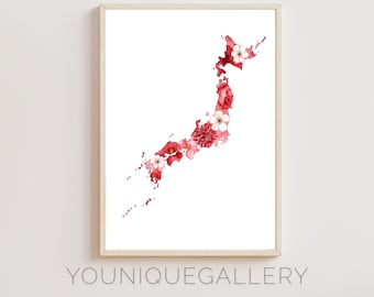 Aquarell Japan Map Kunstdruck: Sakura Blumendekor (Digitaler Download)