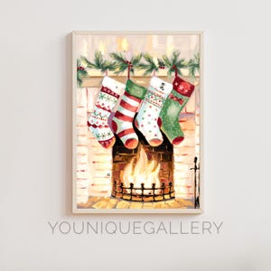 Christmas Stockings by the Fireplace Printable Wall Art Cozy Holiday Decor, Festive Fireplace Scene, Vintage Christmas Art, Digital Download