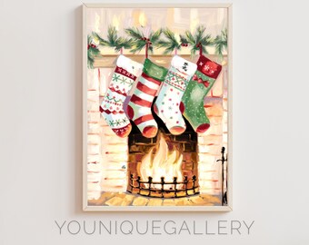 Christmas Stockings Fireplace Art: Vintage Holiday Decor (Digital Download)