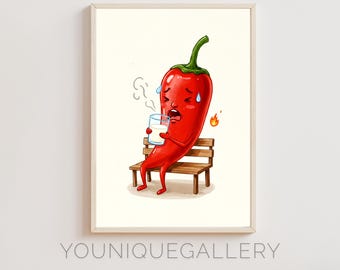 May include: A red chilli pepper with a face is sitting on a wooden bench and drinking a glass of milk. The chilli pepper is sweating and has a worried expression on its face.