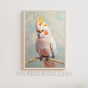 Cuadro imprimible de cacatúa, arte mural de aves tropicales coloridas, descarga digital de empasto pastel, póster de animales exóticos para amantes de las aves