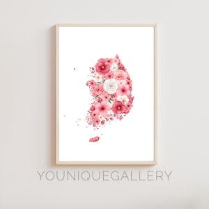 Aquarell Südkorea Karte, Malerei druckbar, Mugunghwa Blumen botanische Kunst, rosa weißes koreanisches Dekor, K Kultur Geschenk