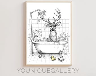 Rustic Deer in Bathtub Art: Funny Bathroom Lodge Decor (Digital Download)