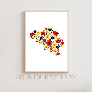 Belgien Landkarte Blumen Umriss Malerei druckbare, rote Mohnblume Aquarell Kunst, Flagge Farben Dekor, belgische Geschenk digitaler Download