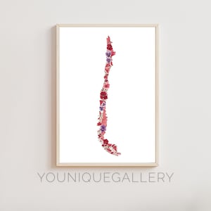 Chile Landkarte Copihue Blumenmalerei, Lapageria Rosea Aquarell Kunst, chilenische Landschaft Dekor Geschenk zum Download