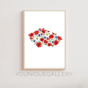 Tsjechië landkaart bloemen schets schilderij afdrukbaar, klaproos korenbloem kunst, vlag kleuren decor, Tsjechië cadeau downloaden