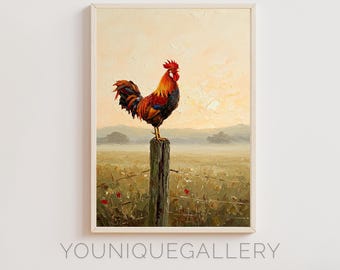 Colorful Rooster Sunrise Painting: Farmhouse Wall Art (Digital Download)
