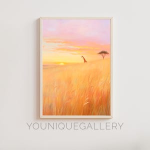 African Sunset Safari Printable, Giraffe Wall Art, Savanna Landscape Print, Golden Orange Nursery Decor, Wildlife Home Decor