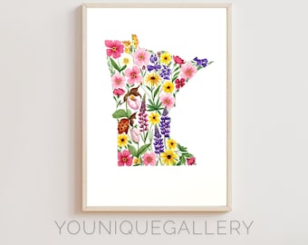 Minnesota Floral Map Print: Lady Slipper Watercolor Art (Digital Download)