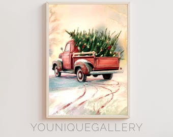 May include: A red vintage pickup truck with a Christmas tree in the back. The truck is driving on a snowy road with tire tracks visible. The tree is decorated with lights.