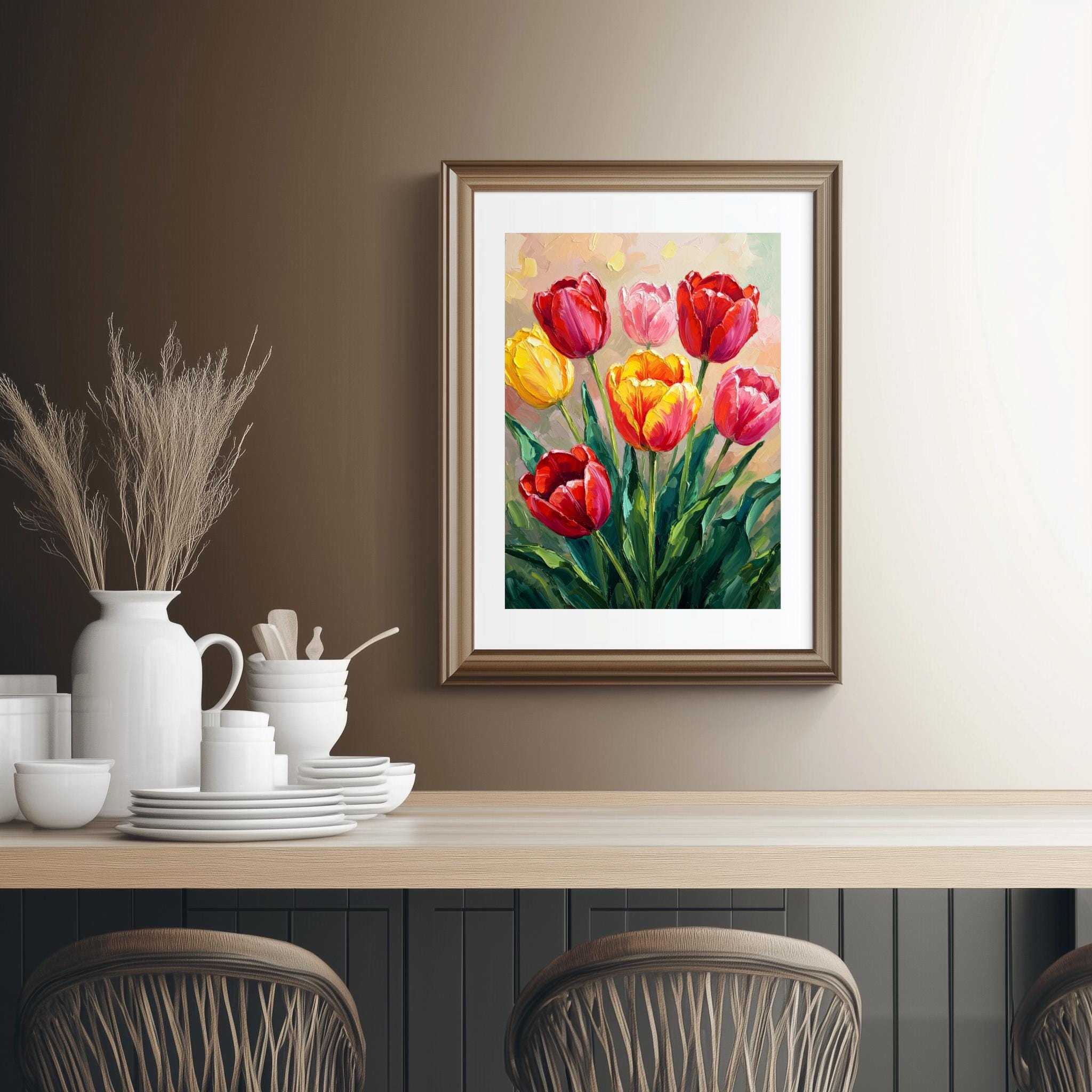 油彩画 チューリップ カラフルなチューリップの油絵：印象派の花の芸術（デジタル
