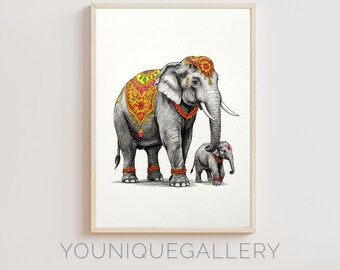 Indian Elephant Family Art Print: Detailed Animal Illustration (Digital Download)
