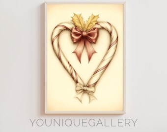 Heart Candy Cane Christmas Print: Vintage Bow Holiday Decor (Digital Download)