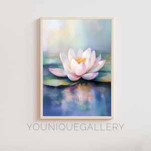 May include: A painting of a white water lily with a pink hue, floating on a blue and green pond. The lily is in focus, with the background blurred.