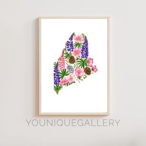 Botanische kaart Maine afdrukbare muurkunst, dennenboom staat Lupine aquarel print poster, digitale download decor voor cabine, Home Maine cadeau